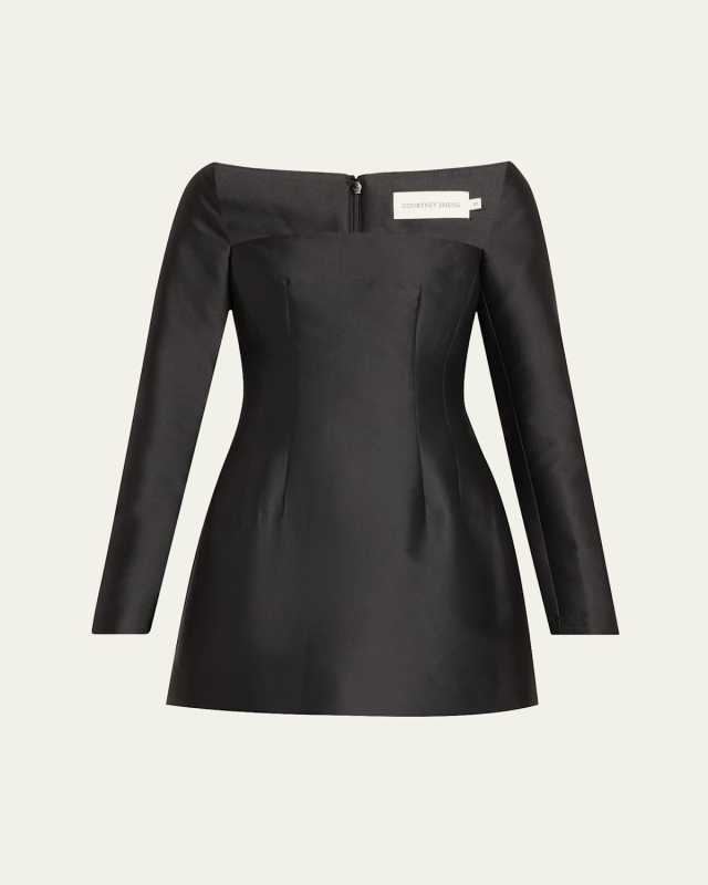 Wide-Neck Long-Sleeve Mini Dress